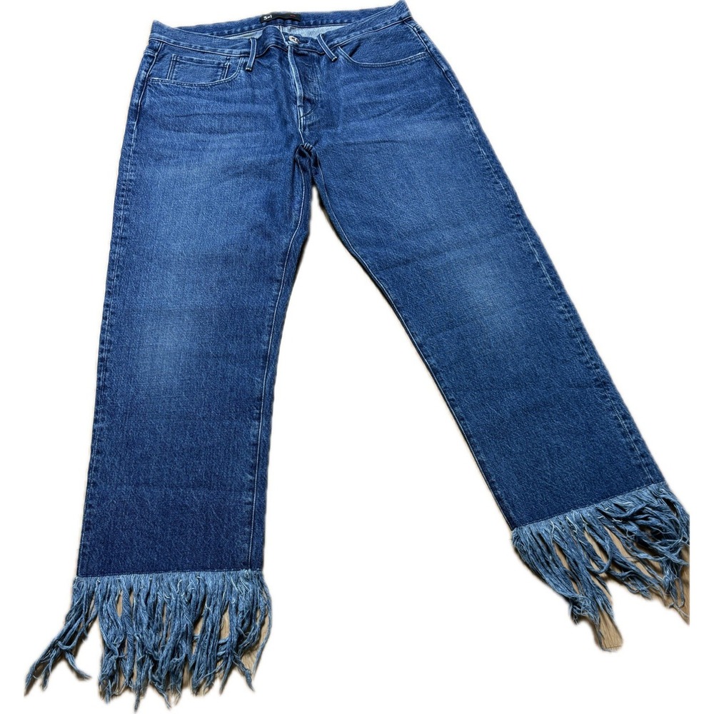 3x1 NYC Cropped Frayed Jeans Women Size 31 Medium Blue USA Made Fringe Boho Fun - Picture 3 of 10